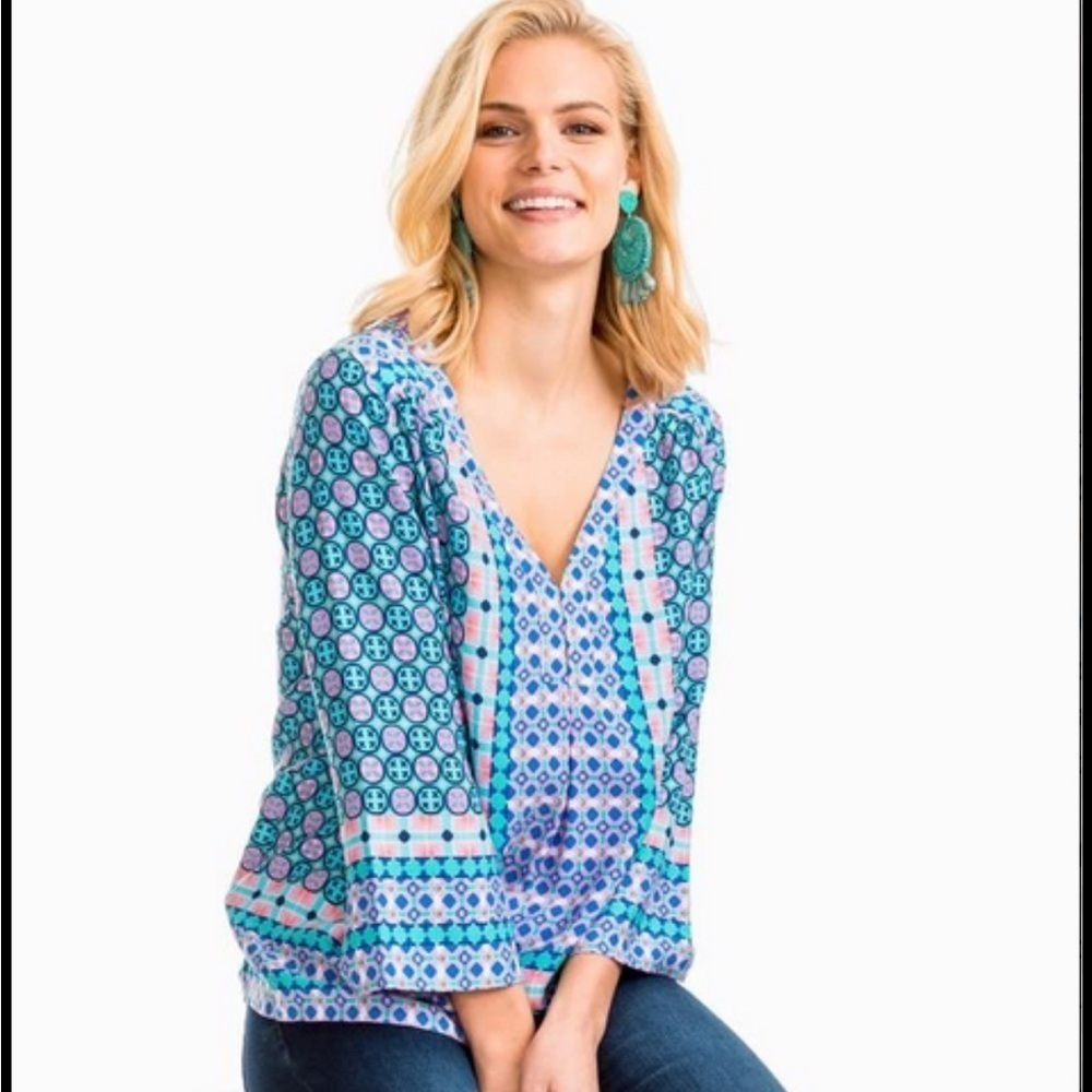 Southern Tide Evelyn Top - Tropical Palm Green Size XL